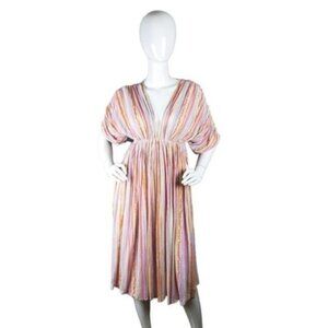 Olivaceous Striped Empire Waist V-neck Midi Dress Pink Size Small